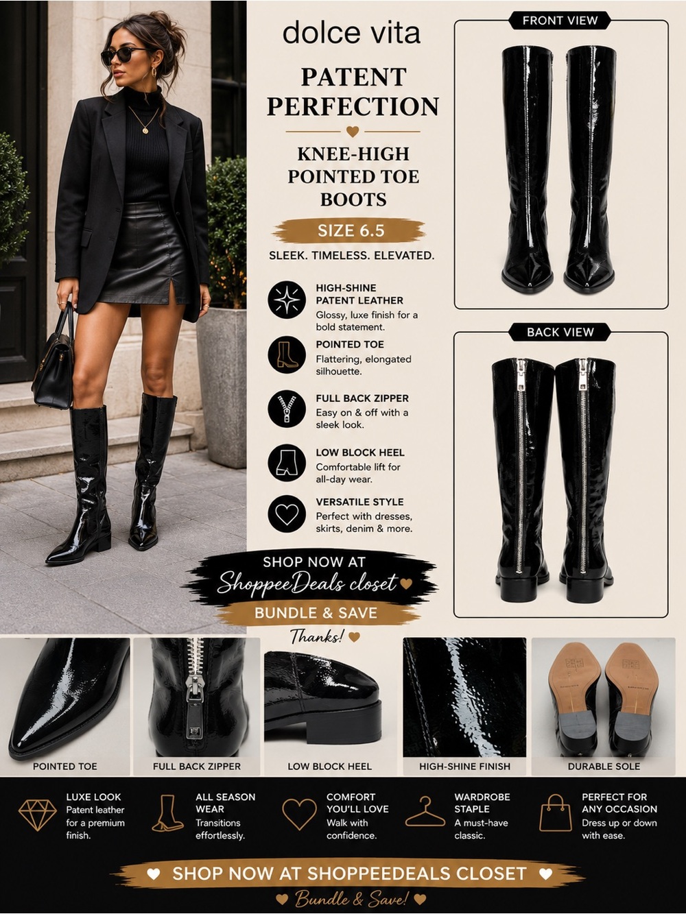Dolce Vita Black Patent Leather Knee-High Pointed Toe Boots – Size 6.5